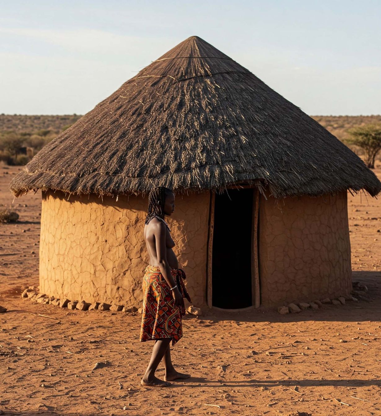 Portrait of a Hottentot woman standing beside her traditional hut in a rural landscape, representing indigenous African heritage and lifestyle.