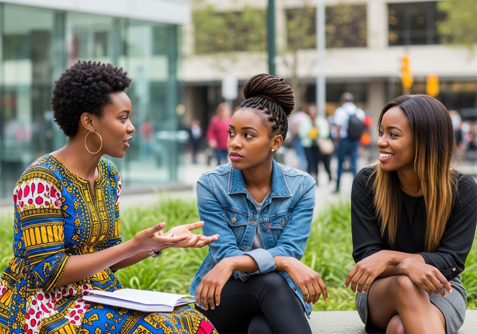 Jeunes femmes africaines en milieu urbain discutant des vues modernes sur la tradition
