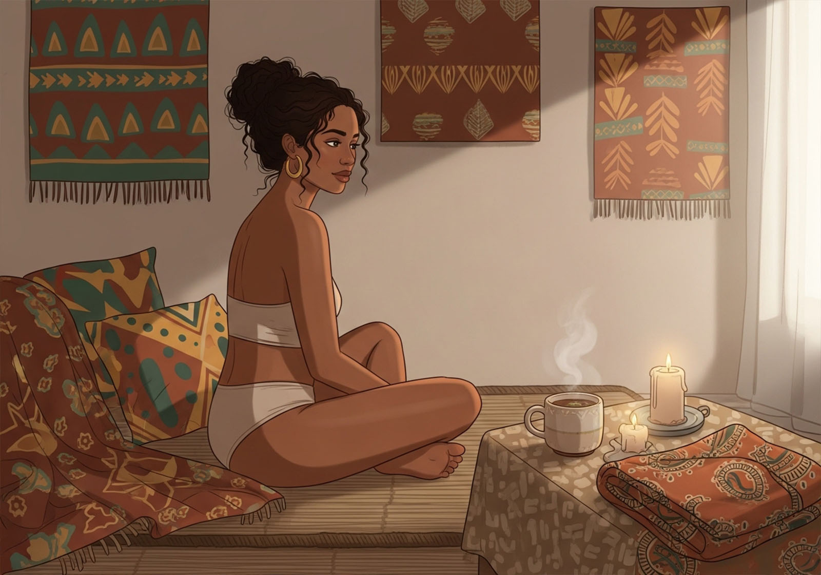 A cozy evening scene, a cup of herbal tea, candle, and folded wrap in African-inspired prints and woman who performs labia elongation for meditation.