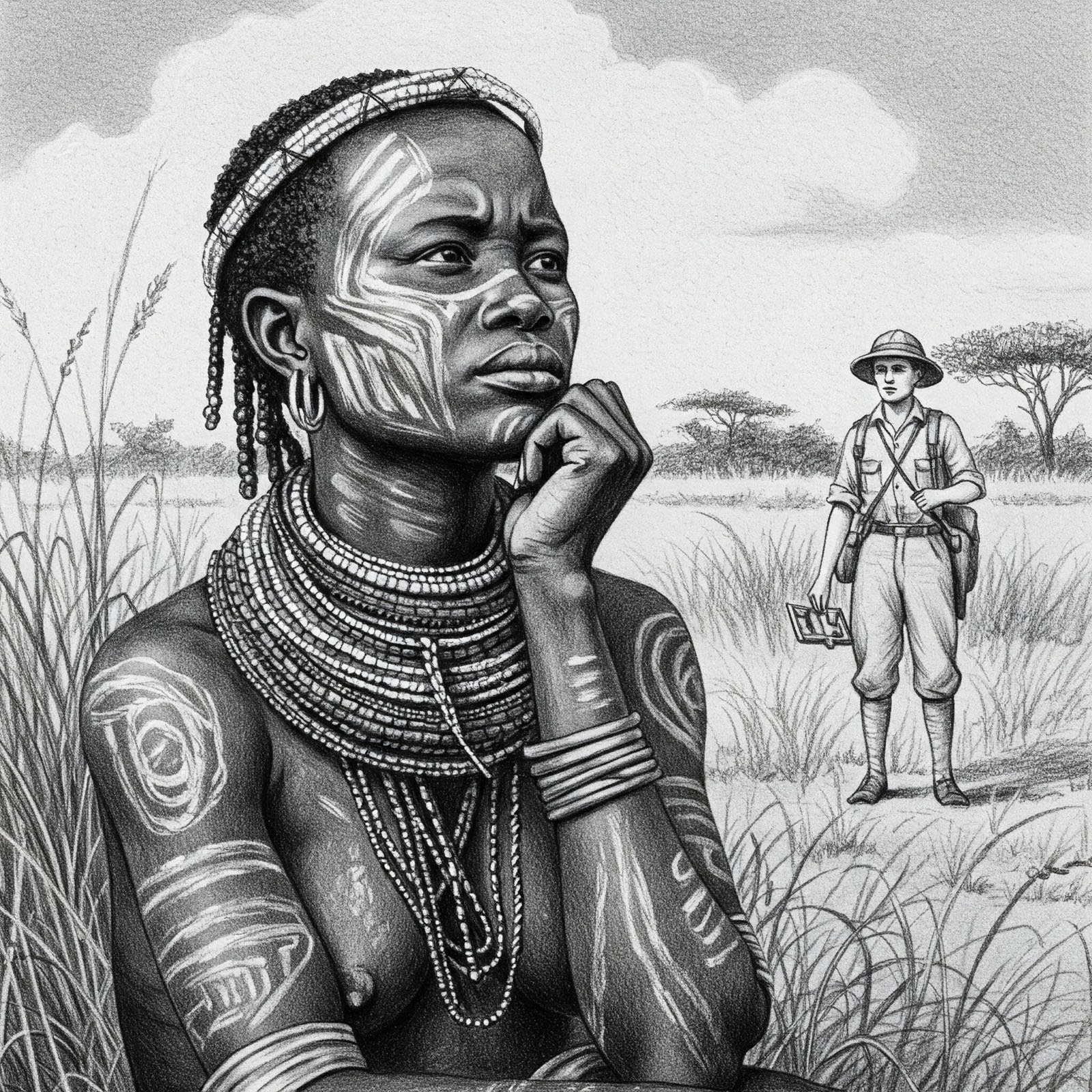 Illustrasie van ’n tradisionele Khoisan-vrou wat in ’n grasveld sit met liggaamsverf, terwyl ’n vroeë Europese ontdekkingsreisiger haar van die agtergrond af dophou.