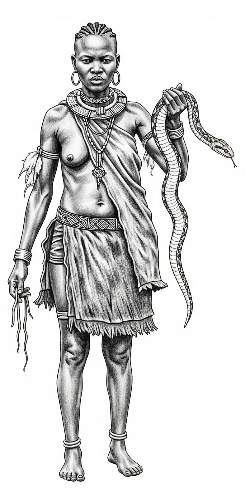 A black and white graphite drawing depicting a Khoisan woman in traditional attire, with her breast exposed, holding up a snake with her left arm, intended for use as food.
