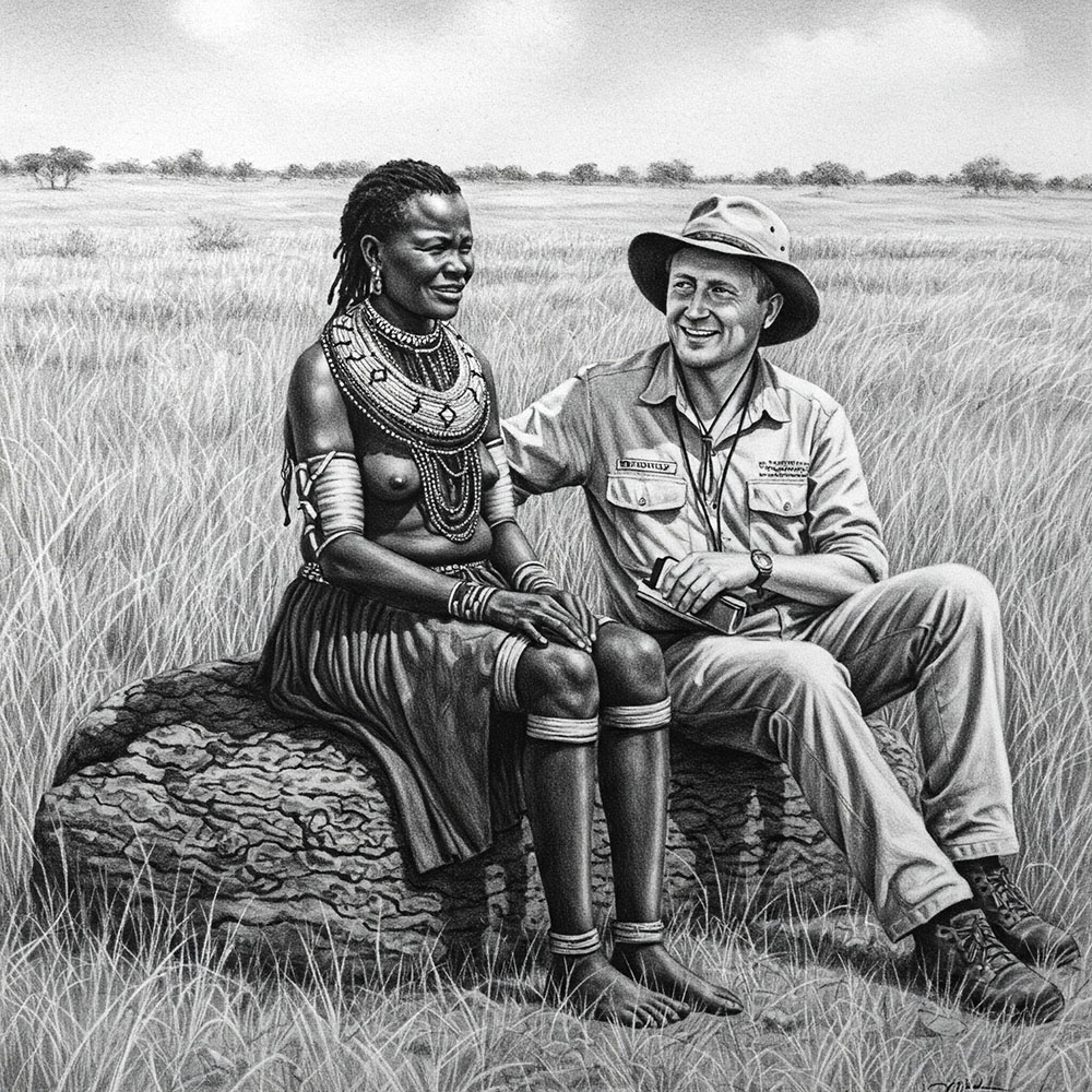 Illustration of an elderly Khoisan woman and a male researcher sitting on a rock in a grassy field, smiling and talking.