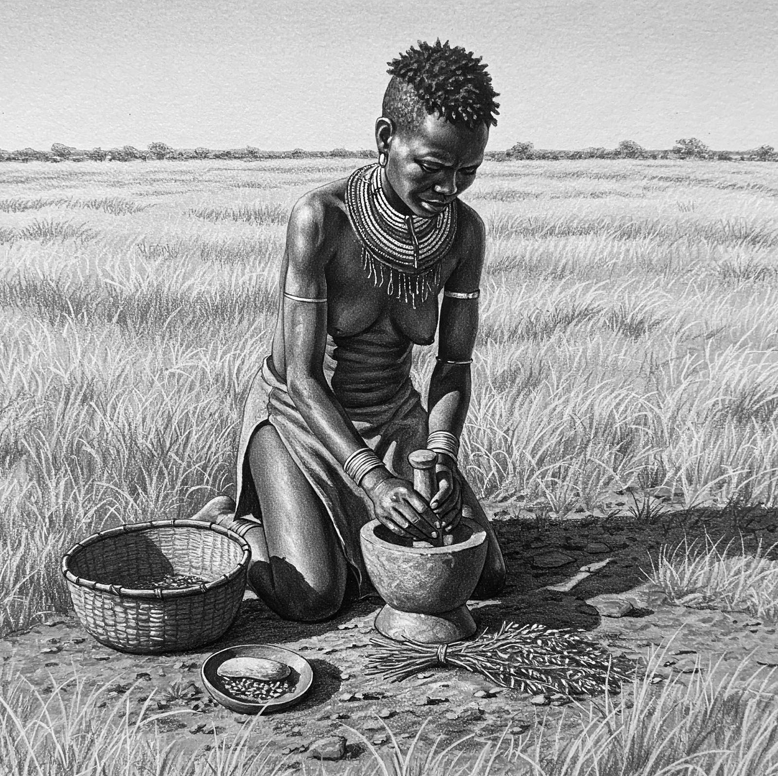Illustration of a Khoisan woman in a natural setting grinding herbs traditionally used for labia stretching practices.