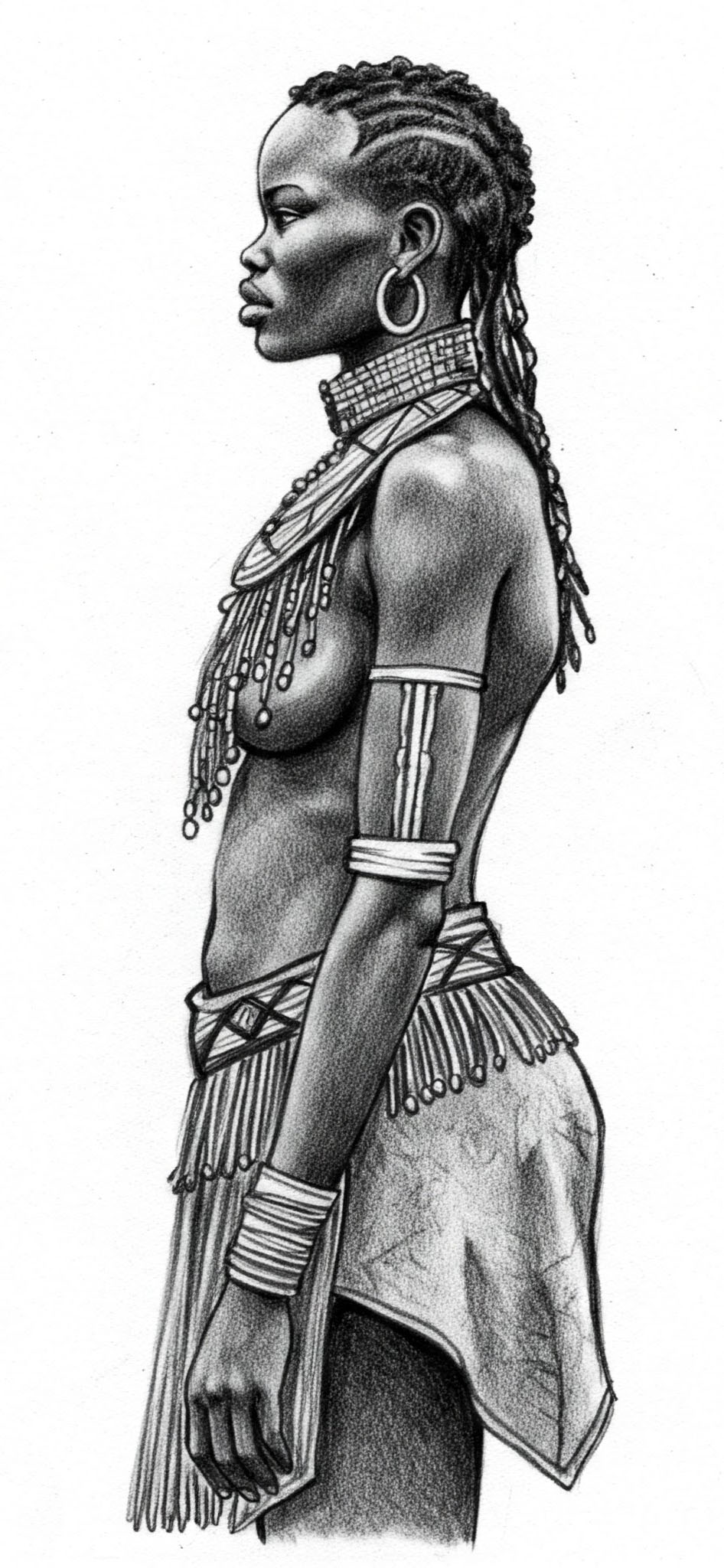 Un dessin d&eacute;taill&eacute; d&rsquo;une femme khoikhoi en habits traditionnels, regardant droit devant avec une expression calme et pos&eacute;e.