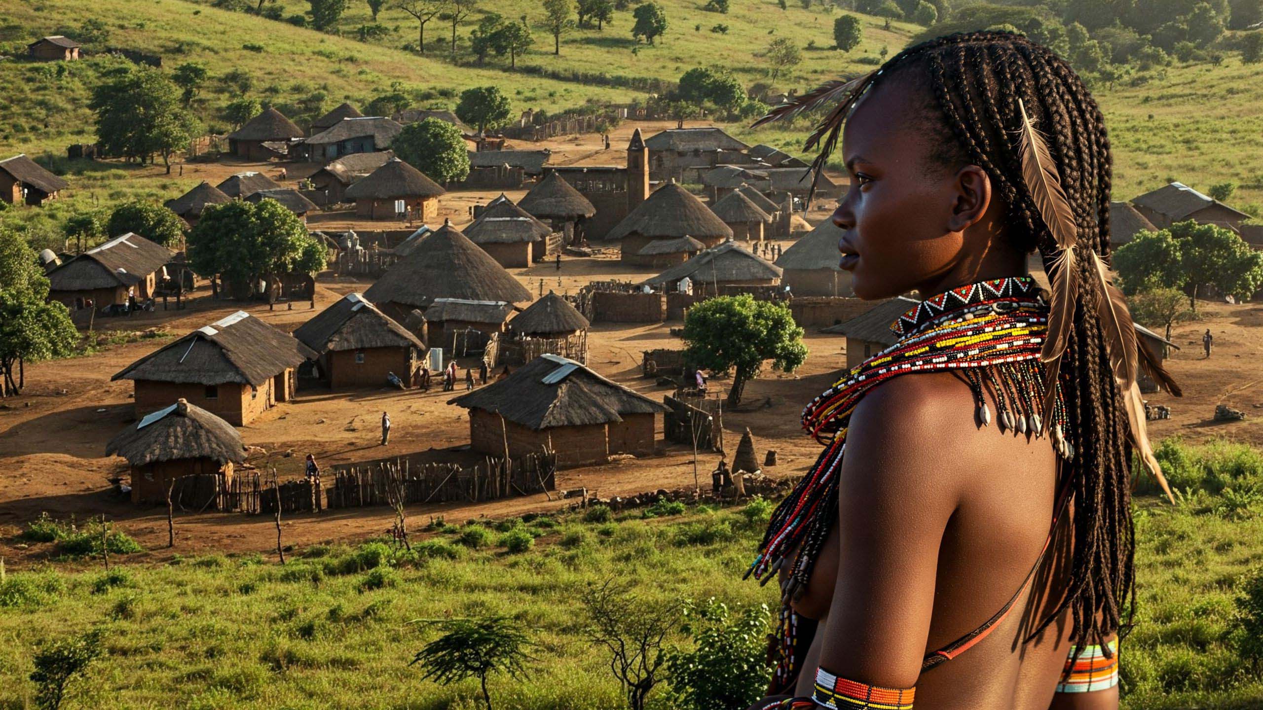 Une jeune héroïne hottentote regarde son village d'en haut