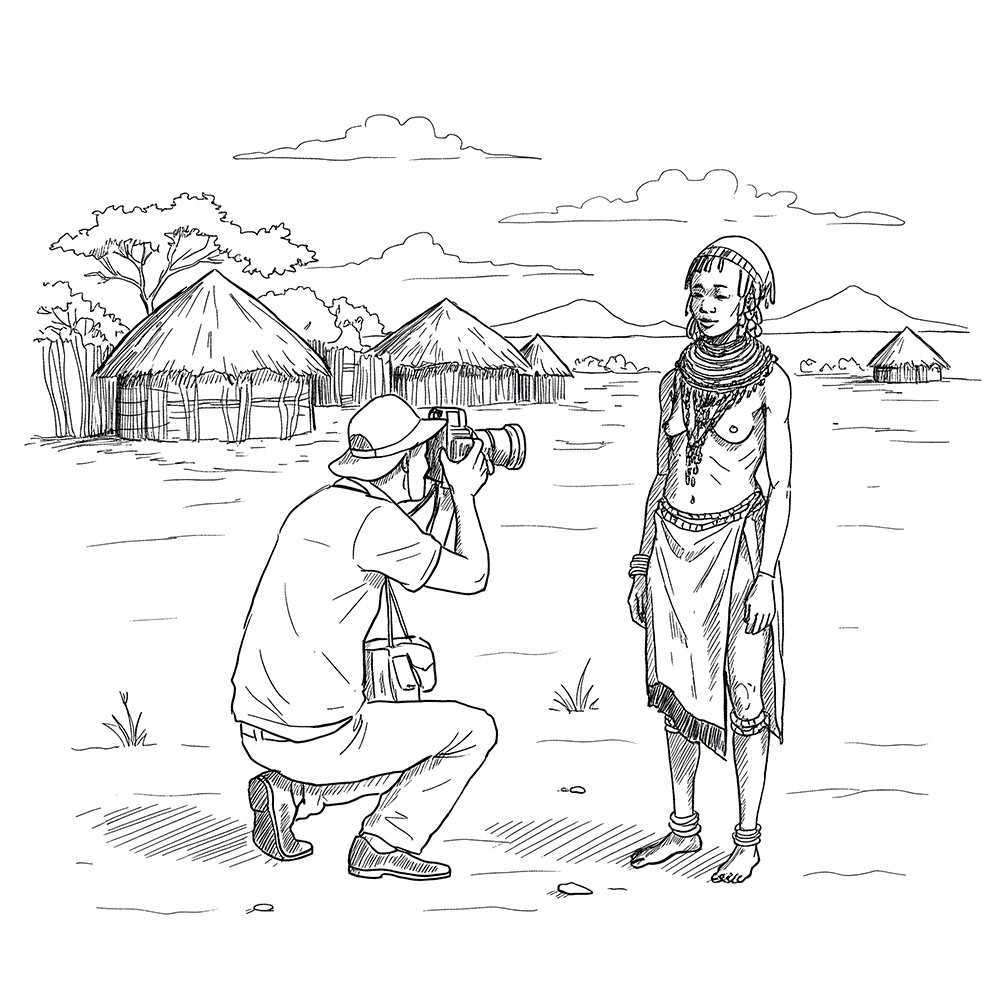 Illustration d&rsquo;un homme photographiant une femme kho&iuml;san devant son village