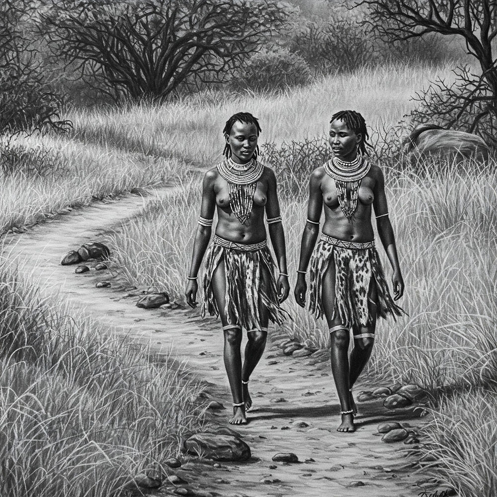 Deux femmes khoisan marchant le long d&rsquo;un chemin entour&eacute; d&rsquo;arbres et d&rsquo;herbe.