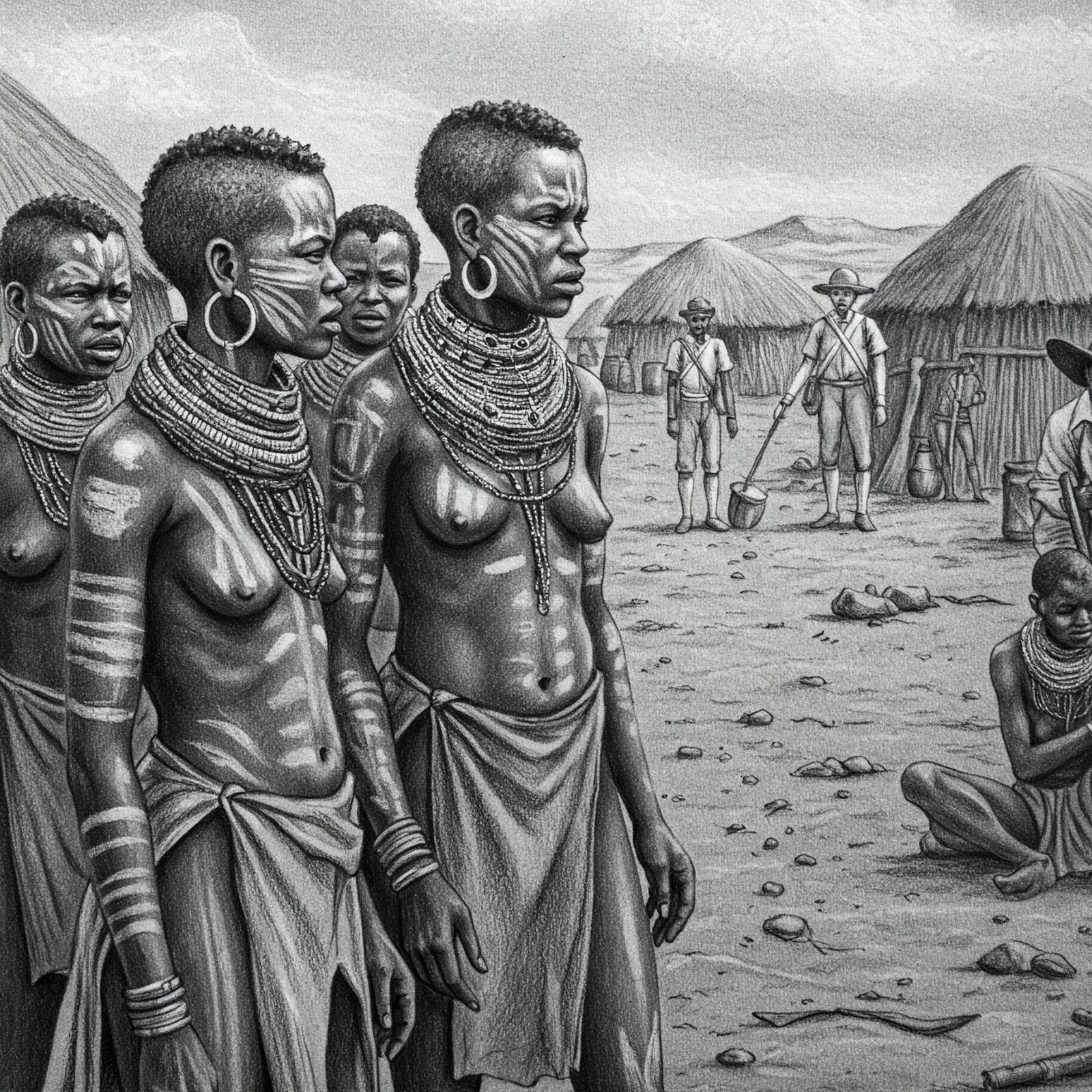 Vier Khoisan-Frauen blicken neugierig auf europäische Entdecker, die zum ersten Mal ihr Dorf betreten.