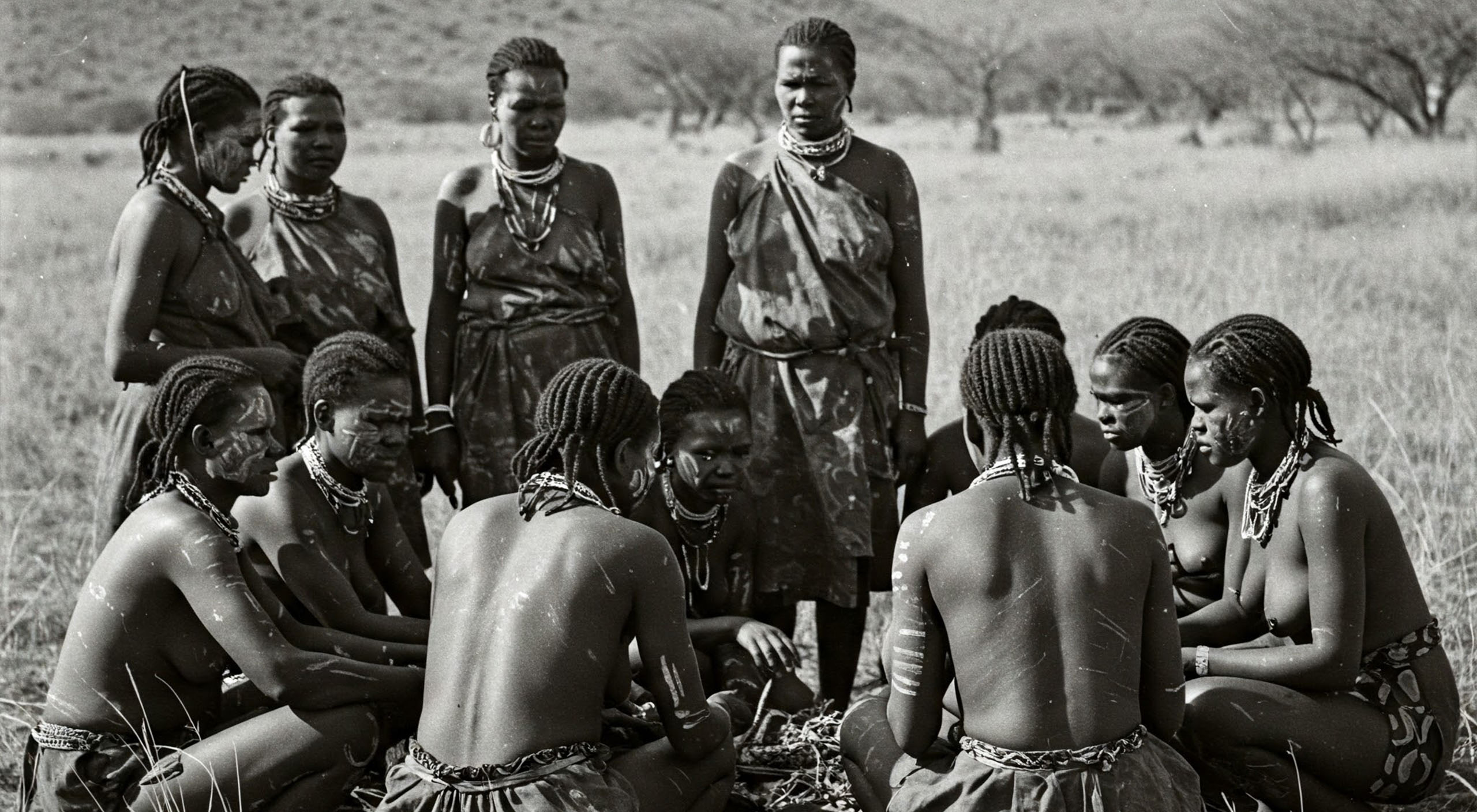 Eine Gruppe erwachsener Khoisan-Frauen steht gemeinsam auf einer Wiese mit Bäumen im Hintergrund, bereit für ein Ritual.