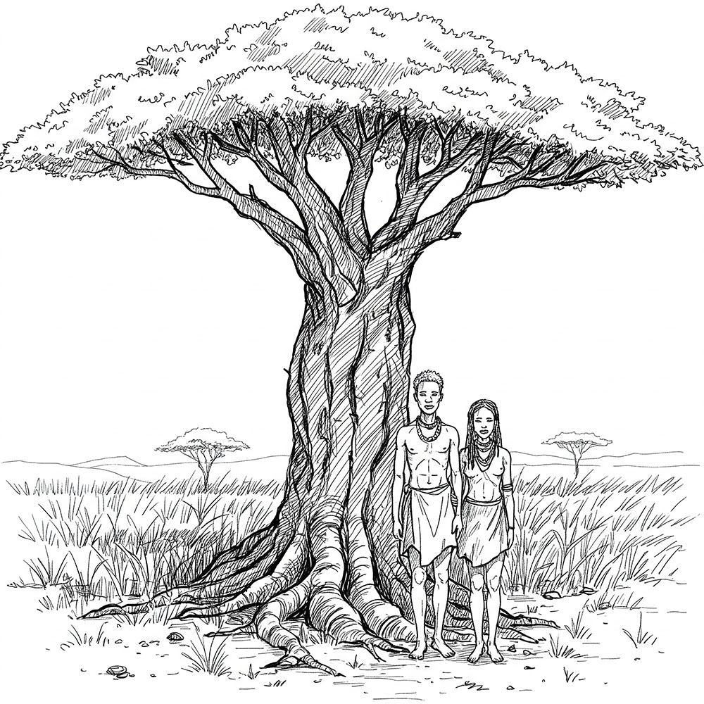 Illustration eines Khoisan-Mannes und einer Frau unter einem heiligen Baum