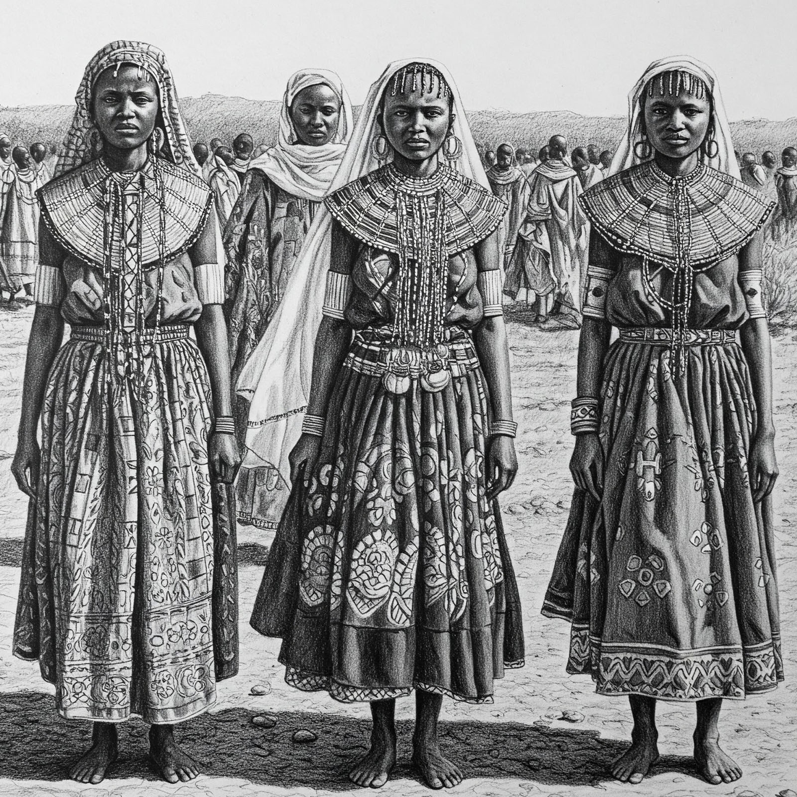 Illustration afrikanischer Frauen in konservativer Kleidung, auferlegt durch fremde kulturelle Normen – Symbol für verlorene Traditionen.