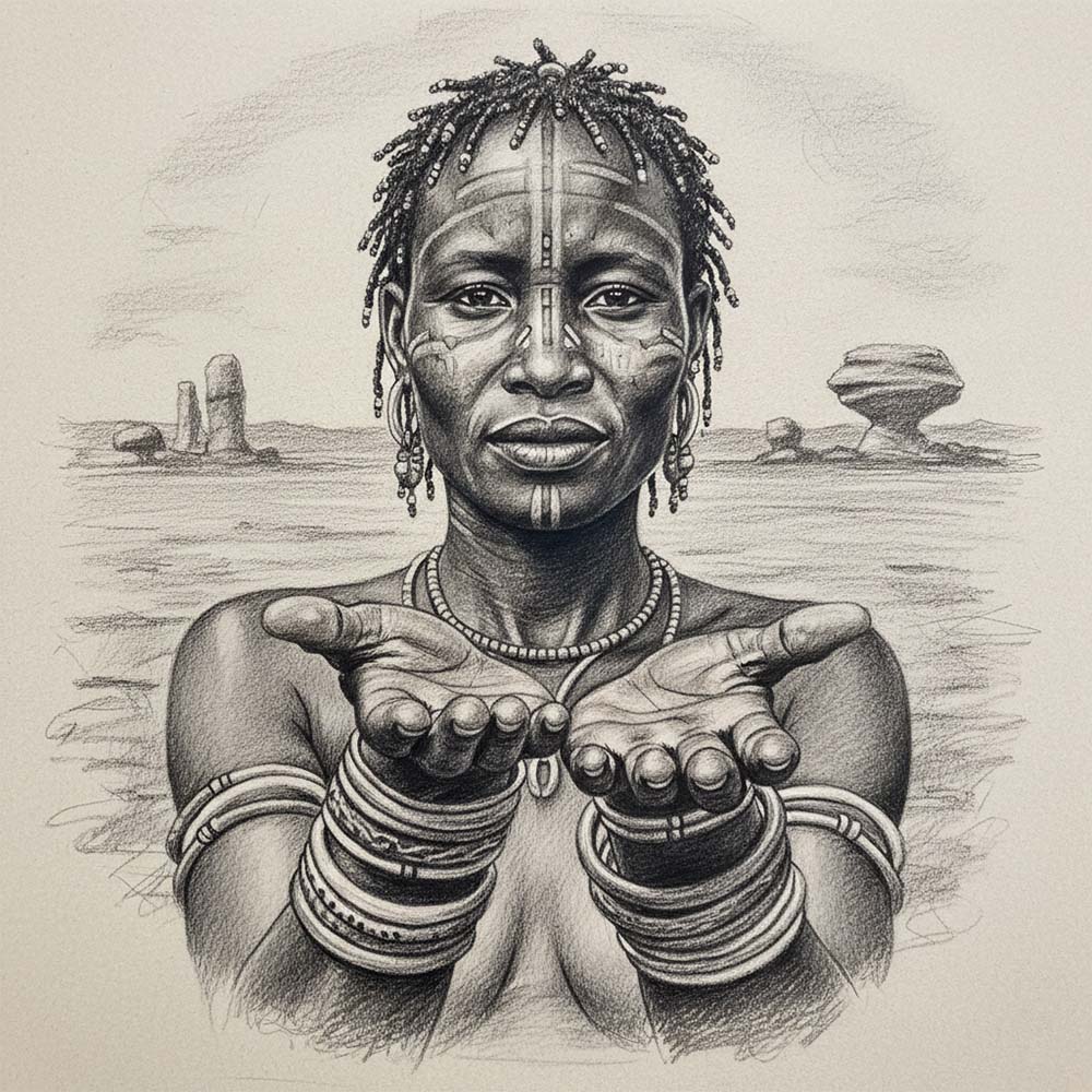 Graphit-Schwarz-Wei&szlig;-Illustration einer Khoisan-Frau, die ihre H&auml;nde zeigt, und die traditionelle Praxis des Labien-Dehnens als pers&ouml;nliche und kulturelle Lehre symbolisiert.