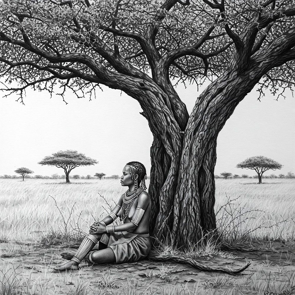 Jovem mulher khoisan sentada na base de uma &aacute;rvore sagrada, m&atilde;os sobre um joelho, olhando para a frente.