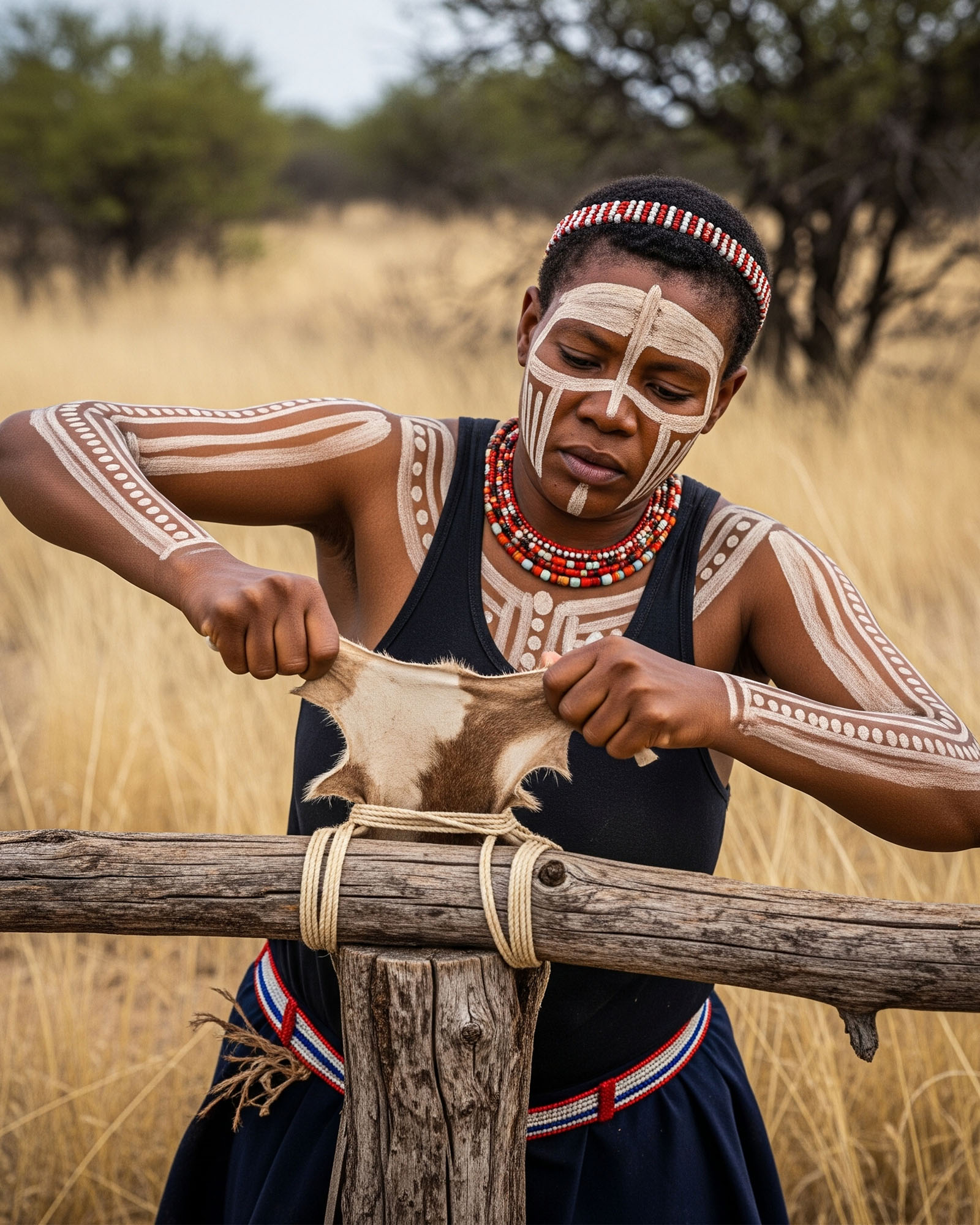 Mulher khoisan demonstrando o alongamento manual tradicional dos lábios usando uma tira de couro amarrada a um tronco, mostrando a técnica de tração manual usada para alongar os lábios.