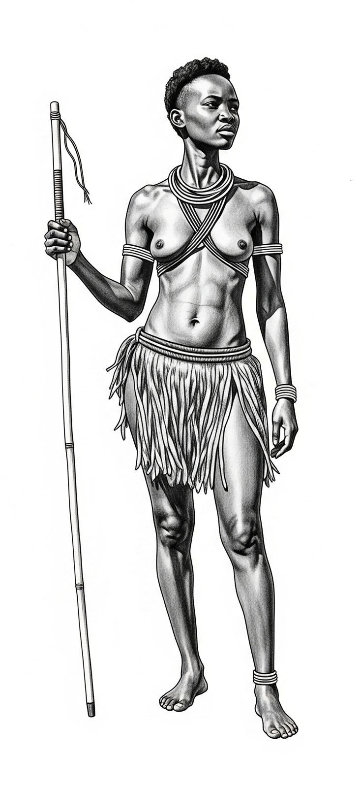 Mchoro wa grafiti na mandharinyuma nyeupe unaoonyesha mwanamke wa Khoisan akisimama kwa kiburi, akitazama mbele, akishikilia fimbo ya kurusha kwa mkono wake wa kulia, amevaa jezi za jadi na jezi fupi na titi likiwa wazi.