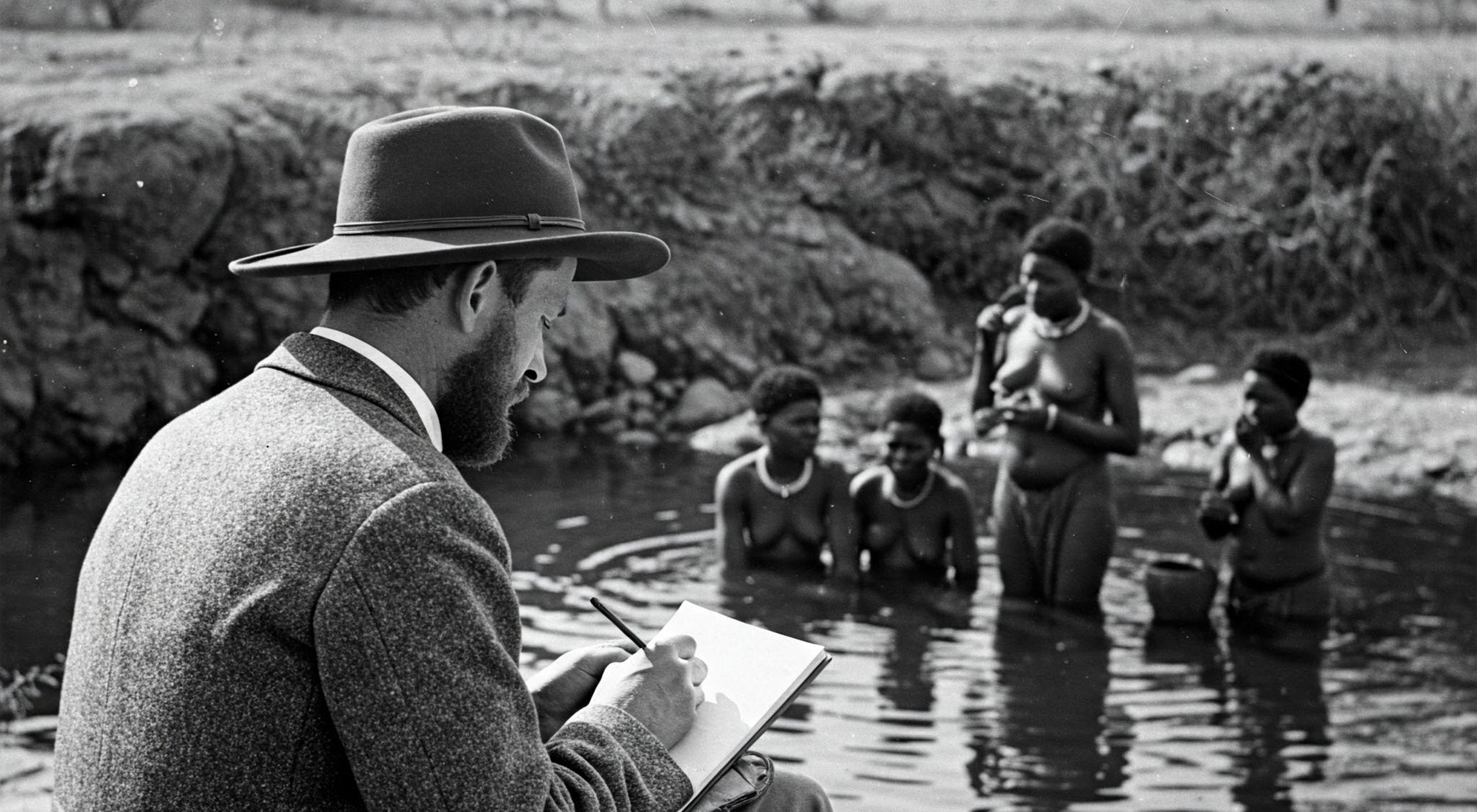 Mchunguzi wa Kizungu akiandika maelezo anapotazama wanawake wa Khoisan wakijiosha kwenye kidimbwi cha asili