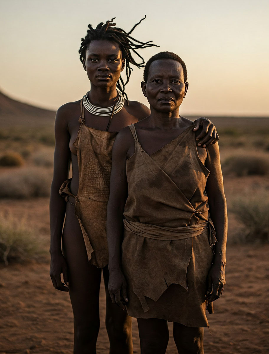 Mwanamke wa Khoisan mwenye umri wa miaka 40 na mama yake katika mandhari kame, wote wakitazama kamera.