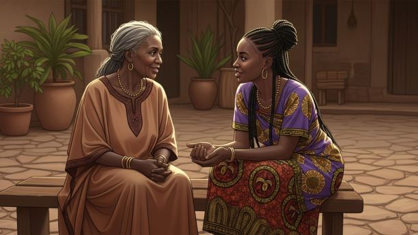 Mulheres africanas mais velhas e mais jovens sentadas juntas e conversando, simbolizando a transmissão das tradições de alongamento de lábios.