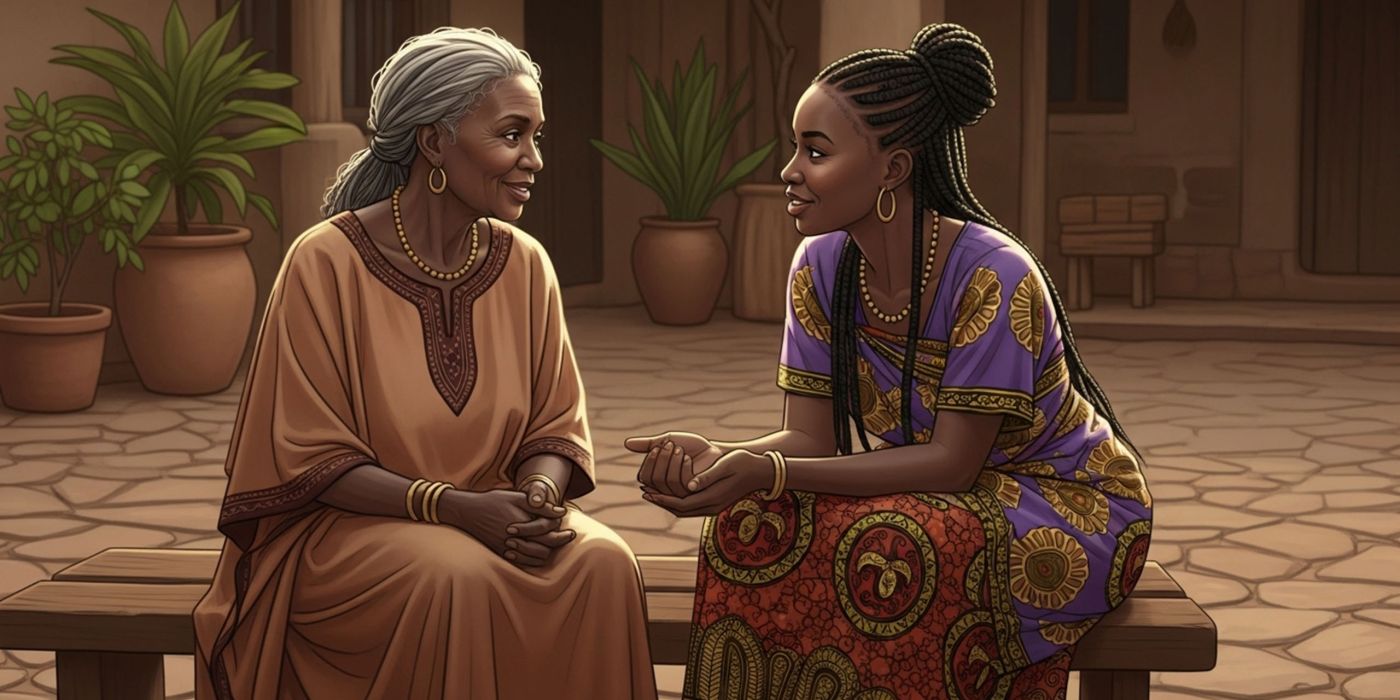 Mujeres africanas mayores y más jóvenes sentadas juntas y hablando, simbolizando la transmisión de las tradiciones de elongación de labios.