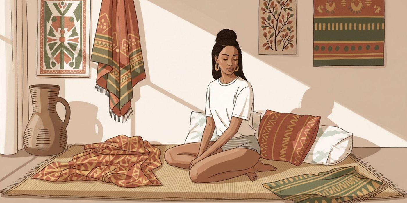 Femme se relaxant dans une chambre calme avec textiles inspir&eacute;s d'Afrique, se pr&eacute;parant &agrave; un rituel m&eacute;ditatif d'allongement des l&egrave;vres