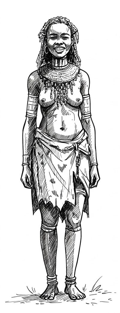 Mchoro wa mwanamke wa Khoekhoe mwenye furaha aliyevaa mavazi na mapambo ya kitamaduni