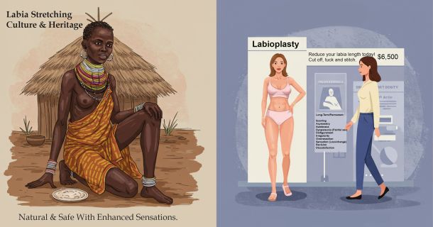 Illustration des Tabus der Schamlippen-Dehnung und des kulturellen Stigmas