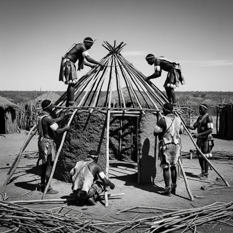 Eine Gruppe von Khoisan-M&auml;nnern, die gemeinsam eine traditionelle H&uuml;tte in ihrem Dorf bauen, wobei einige am Dach arbeiten und andere sich auf verschiedene Teile der Struktur konzentrieren.