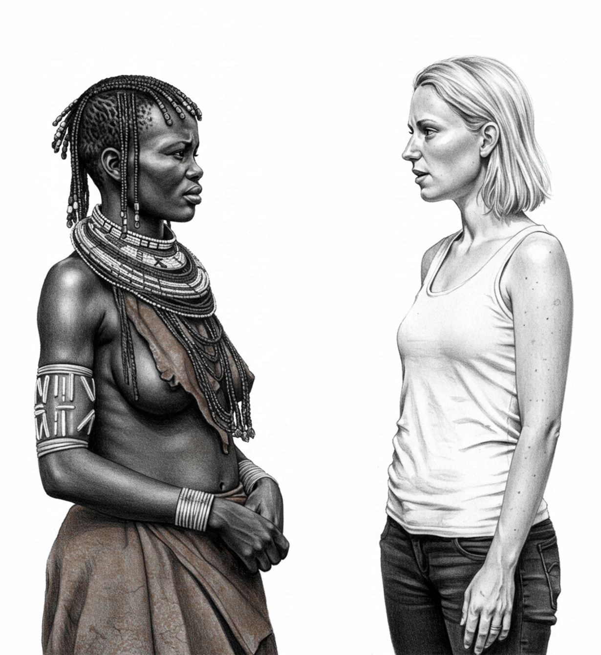 Una mujer khoisan conversa con una mujer occidental, compartiendo conocimientos sobre las prácticas tradicionales de estiramiento de los labios.