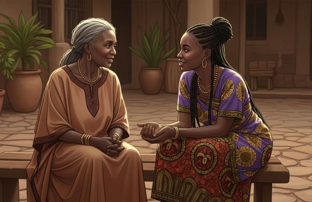 Older and younger African women sitting together and talking, symbolizing the passing on of labia elongation traditions.
