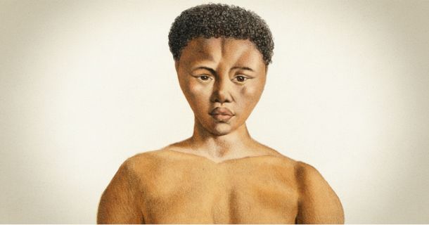 Una representación histórica respetuosa de Sarah Baartman o una fotografía de su lugar conmemorativo en el Cabo Oriental, Sudáfrica.