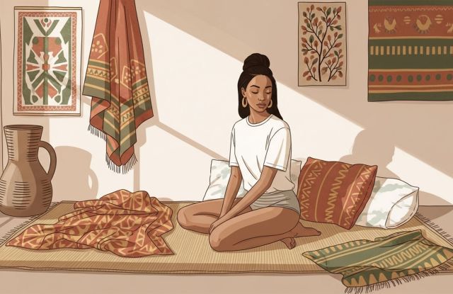 Mujer relaj&aacute;ndose en un dormitorio calmado con textiles inspirados en &Aacute;frica, prepar&aacute;ndose para un ritual meditativo de elongaci&oacute;n de labios