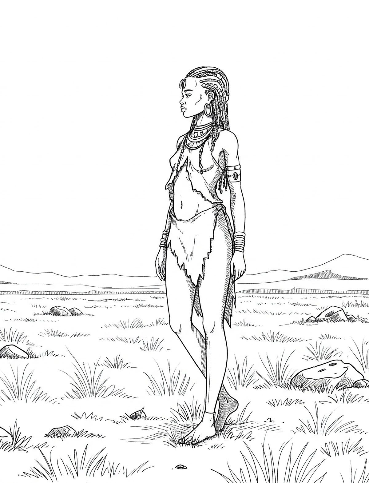 Illustration of a Khoisan woman standing in a field, symbolizing cultural preservation