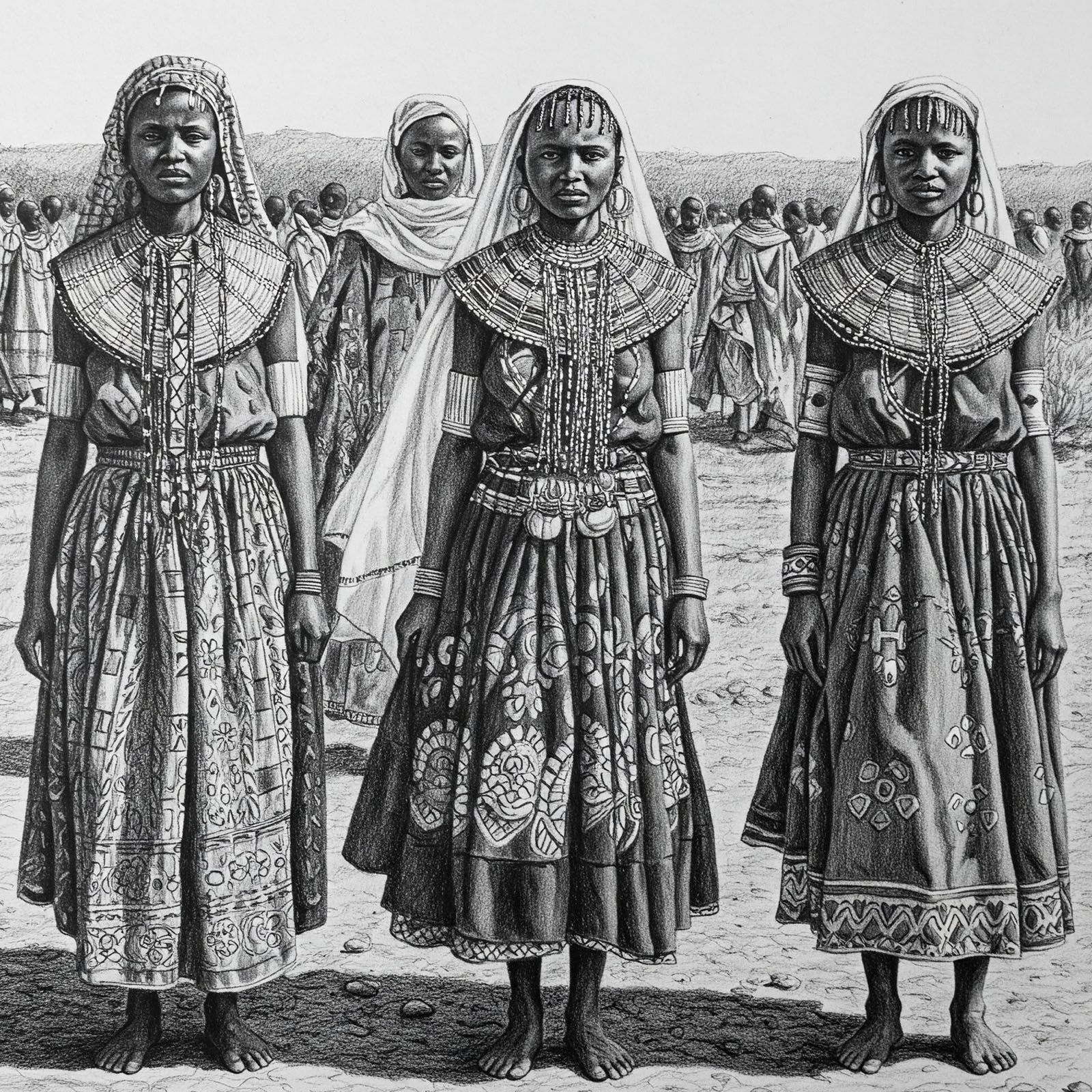 Illustrasie van Afrika-vroue in konserwatiewe klere wat deur buitelandse kulturele norme opgelê is, wat verlore tradisies simboliseer.