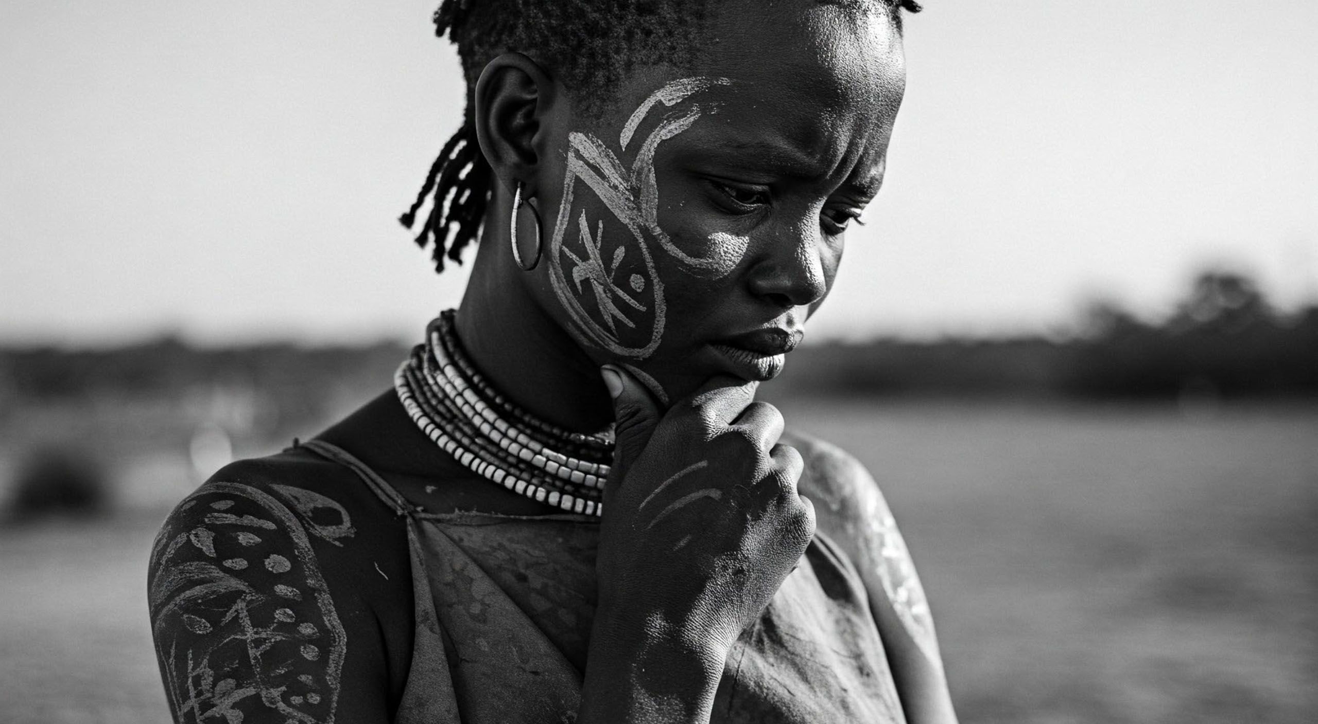 Mwanamke wa Khoisan, mkono kwenye kidevu, amepakwa rangi ya kitamaduni, akitafakari.