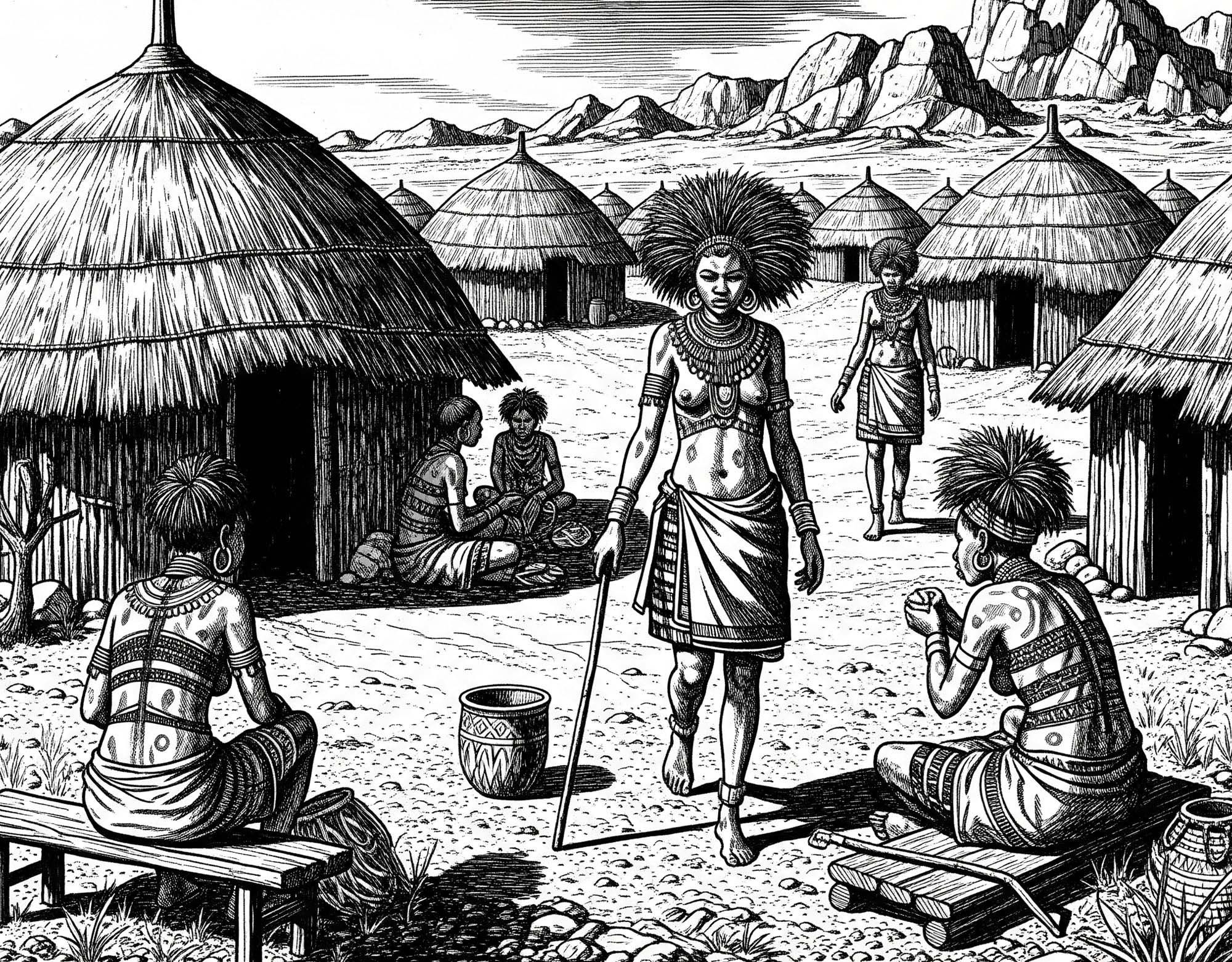 Desenho em tinta preta e branca de uma aldeia tradicional Khoisan, onde as mulheres praticavam alongamento de lábios, com mulheres caminhando, sentadas perto de cabanas e adornadas com pintura corporal.