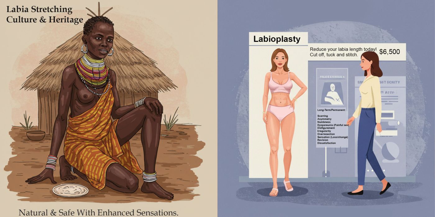 Ilustración del tabú del estiramiento de labios y estigma cultural