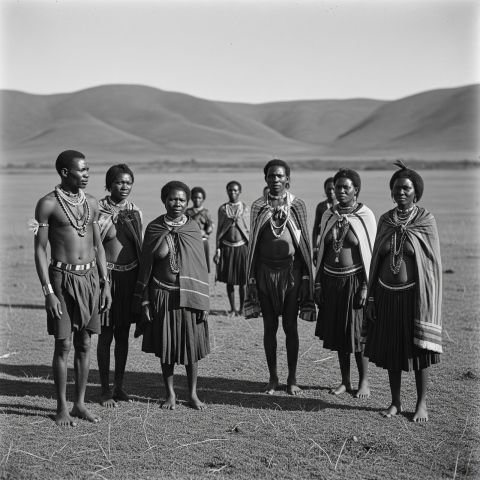 A black and white photograph of a group of Khoisan men and women in traditional attire standing in an open field, with hills visible in the distance.