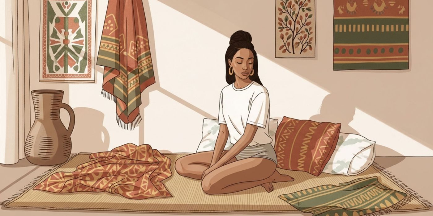 Femme se relaxant dans une chambre calme avec textiles inspirés d'Afrique, se préparant à un rituel méditatif d'allongement des lèvres