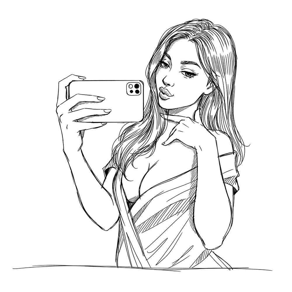 Drawing of a woman with a smartphone taking a selfie of herself in an intimate manner.