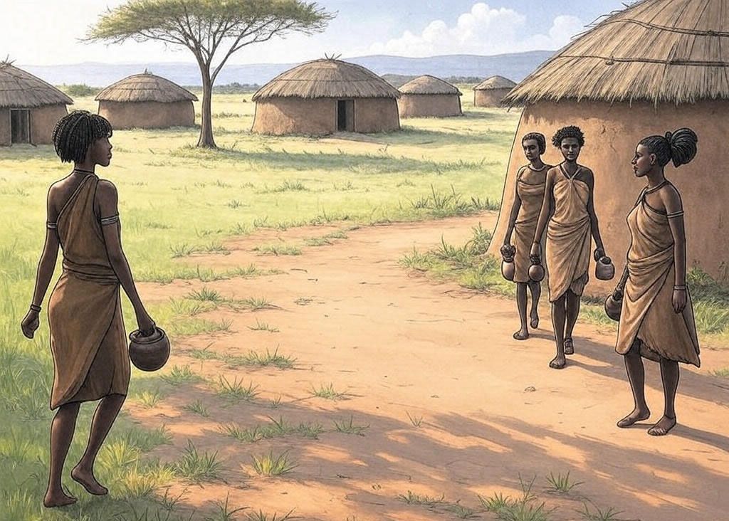Zeichnung eines traditionellen Hottentottendorfs mit Frauen, die Töpfe tragen, Hütten, grasbedecktem Boden und einem nahe gelegenen Baum, die das tägliche Leben darstellt.