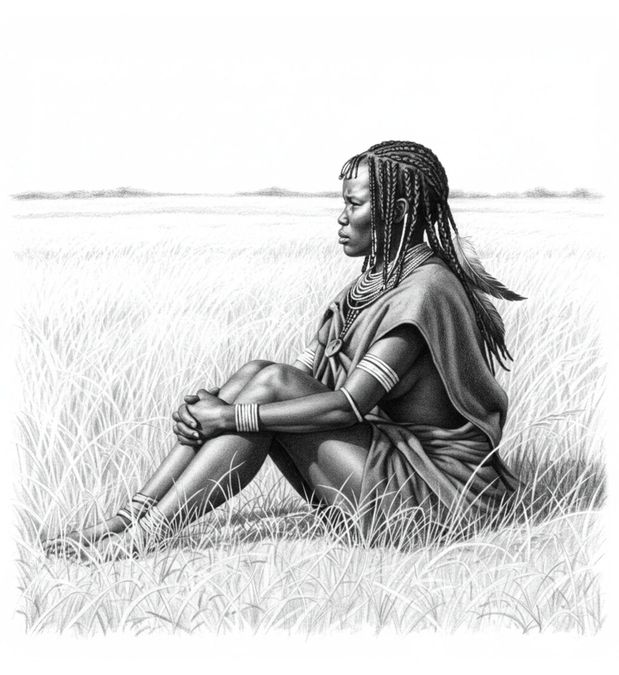 Una mujer khoisan sentada sola en un campo de hierba, que representa las prácticas tradicionales entre las mujeres de su comunidad.