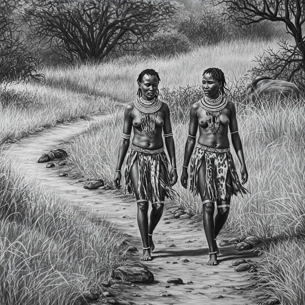 Twee Khoisan-vroue wat langs 'n pad loop, omring deur bome en gras.