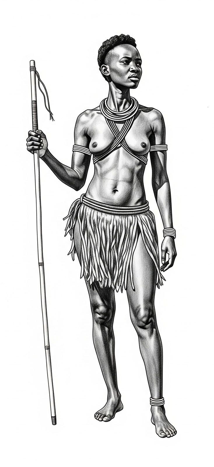 A graphite drawing with a white background depicting a Khoisan woman standing proudly, looking ahead, holding a throwing stick in her right hand, dressed in traditional attire with a skirt and exposed breast.