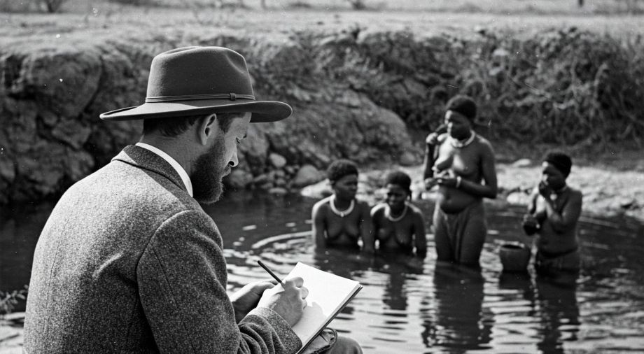Explorateur européen prenant des notes en regardant des femmes khoisan se baigner dans un bassin naturel