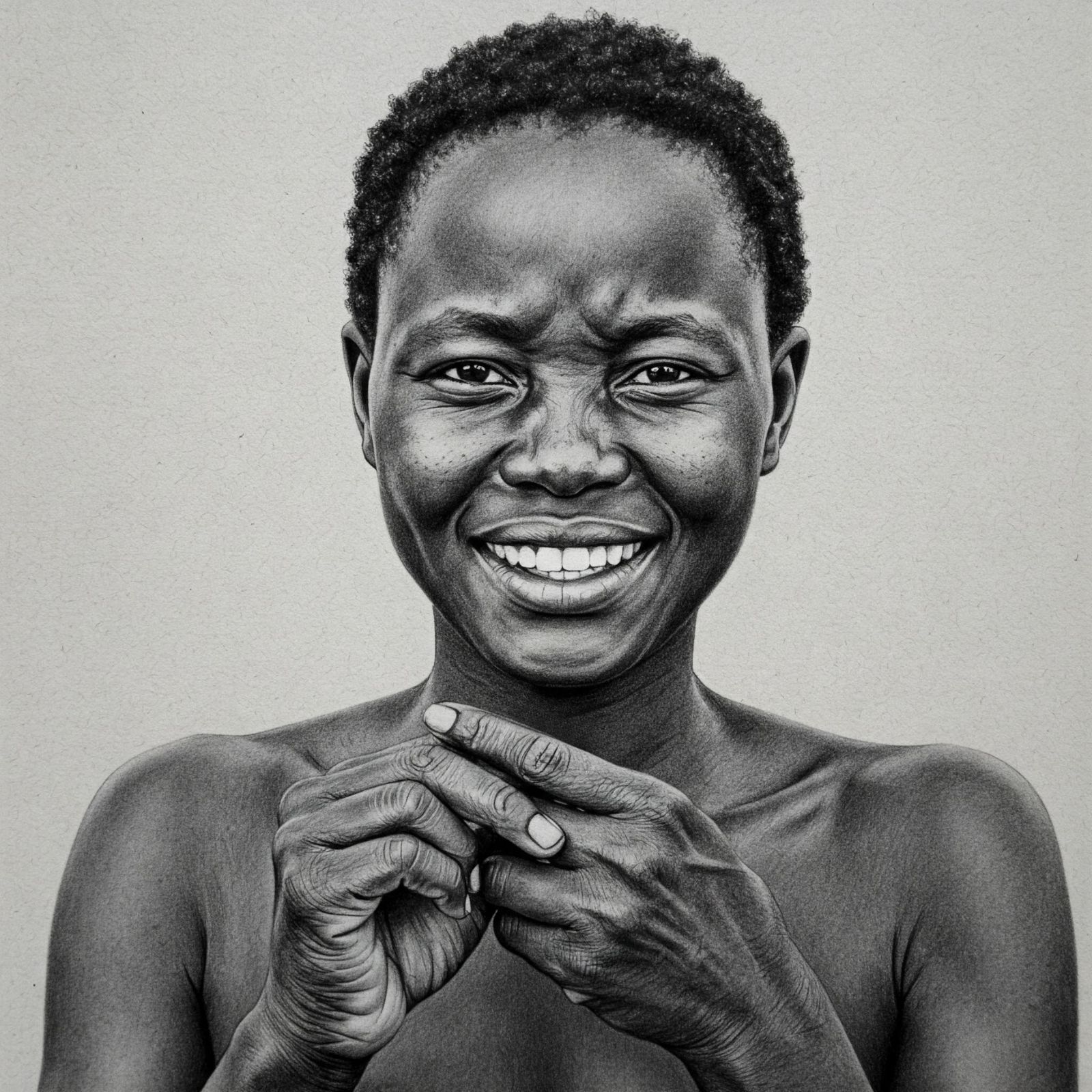 Illustration einer lächelnden Khoisan-Frau, die ihre Hände hebt, um die manuelle Technik der Labien-Dehnung zu zeigen.