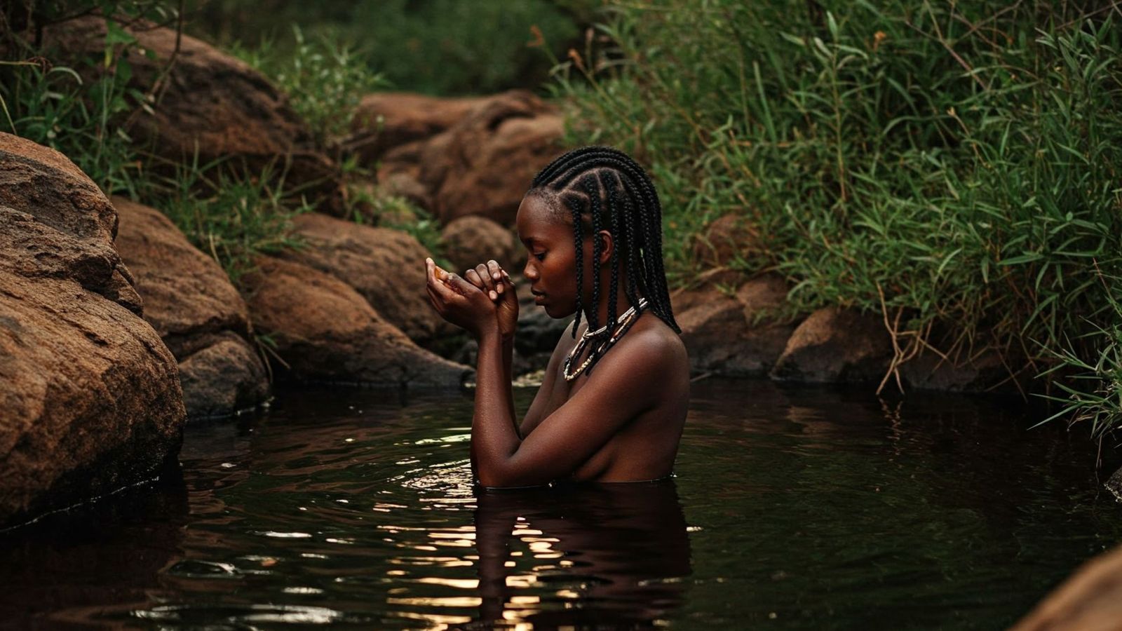 A Khoisan woman stands proudly in front of her hut, wearing traditional clothing, gazing directly at the viewer, embodying the cultural practice of labia stretching with confidence.