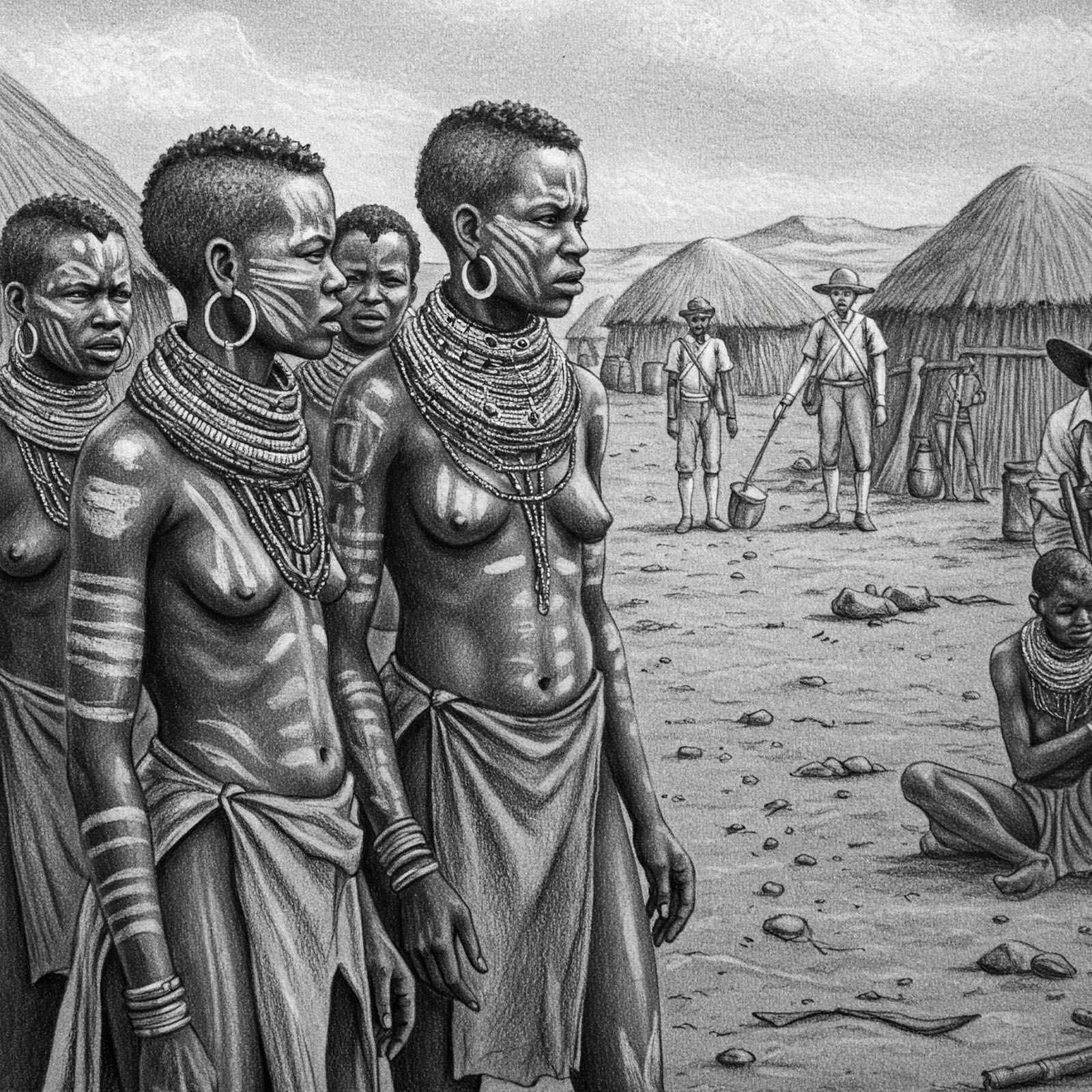 Vier Khoisan-vroue kyk nuuskierig na Europese ontdekkers wat hul dorp vir die eerste keer binnekom.