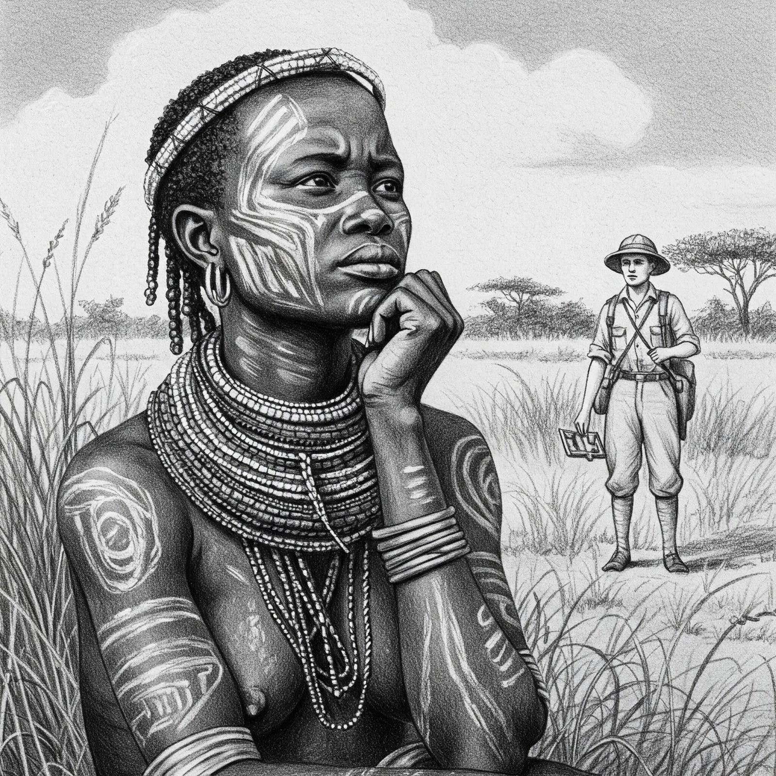 Illustration einer traditionellen Khoisan-Frau, die mit Körperbemalung in einem Grasfeld sitzt, während ein europäischer Entdecker sie aus der Ferne beobachtet.