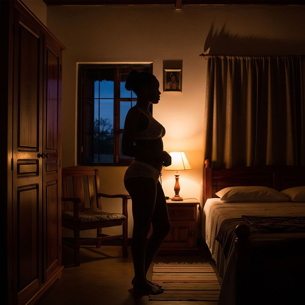 Picha inaonyesha silhouette ya mwanamke wa Afrika Mashariki aliyevaa nguo za ndani chumbani