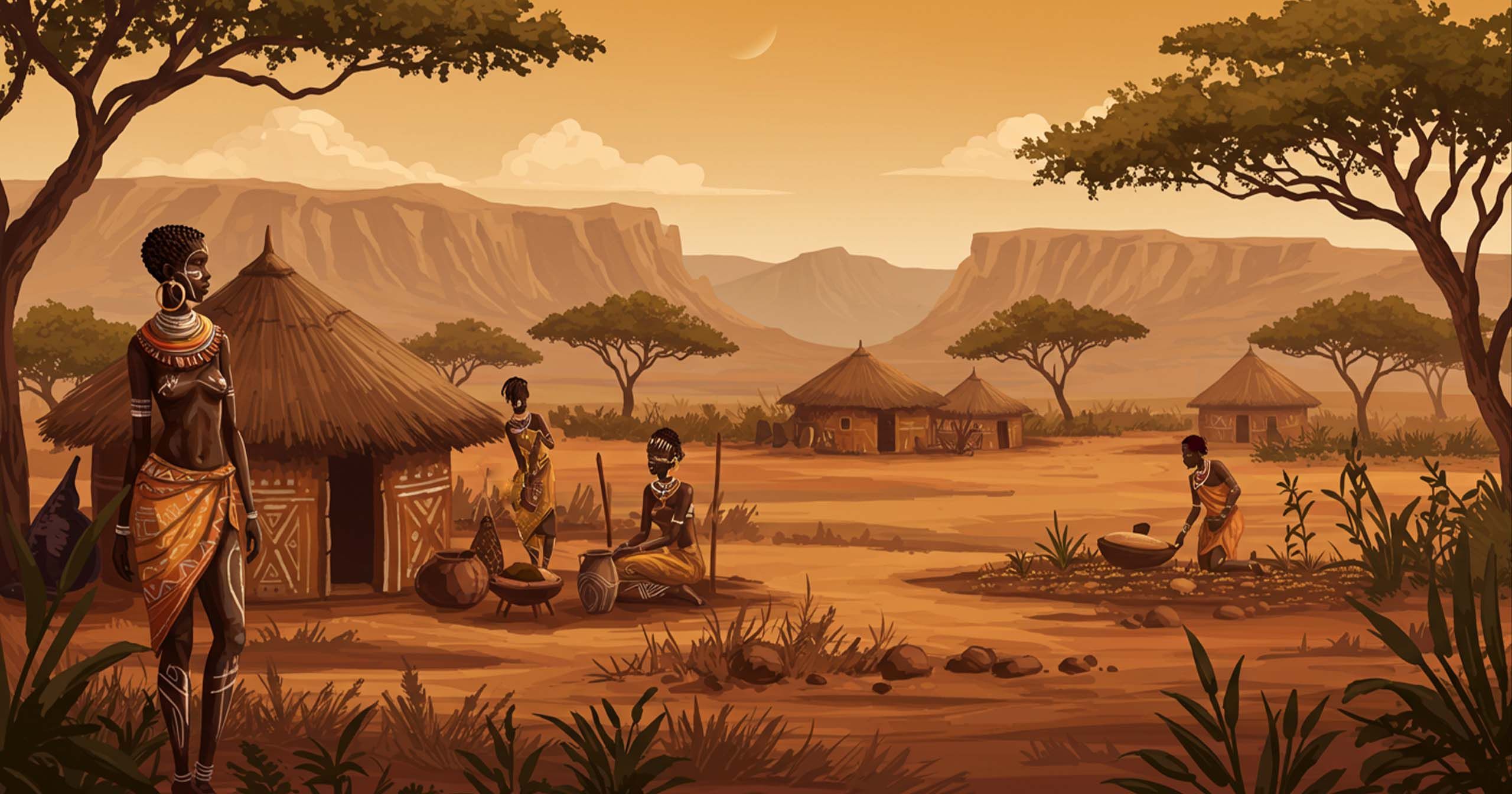 Illustration depicting ancient African traditions of body modification in a cultural context